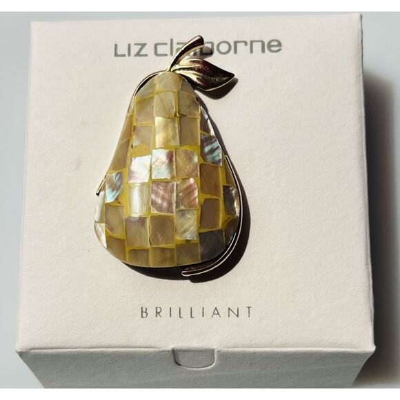 Liz Claiborne Gold Toned Mother Of Pearl Mosaic Pear Brooch 1 7/8 x 1 1/8" #92w - Picture 2 of 5